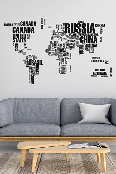 unisex Siyah Dünya Haritası Ülke Adlarından Oluşan Büyük Boy Harita