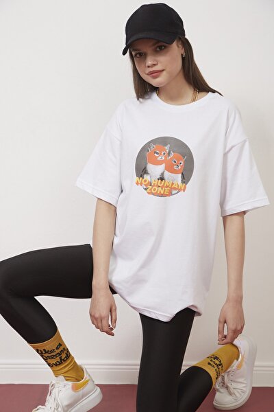 Eazy Beyaz No Human Zone Unisex Oversize Baskılı Kısa Kollu T-shirt