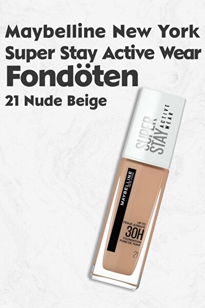 Maybelline New York, Base de maquillaje Superstay Active Wear 30H,  Waterproof, Textura ligera, Tono 21 Nude Beige, 30 ml