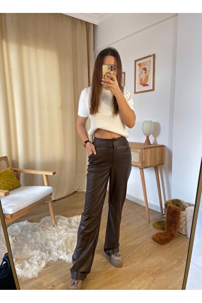 Kadın Taba Zara Model Pensli Deri Pantolon - Tuğbali