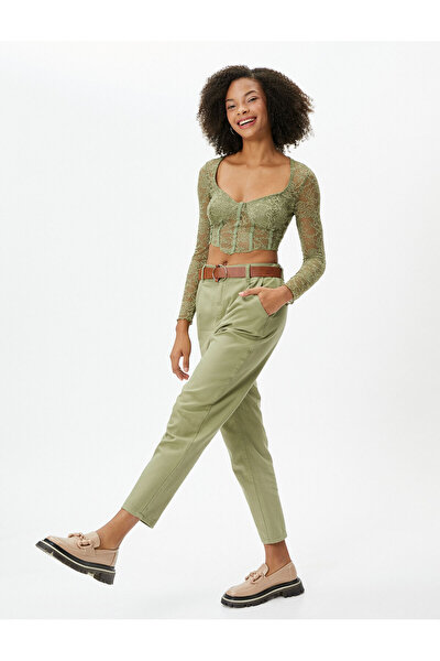 Yeşil Kadın Kargo Pantolon Büyük Cep Detaylı Pamuklu 3SAL40025MW