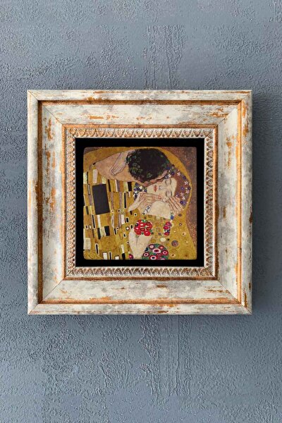 Gustav Klimt Öpücük Çerçeveli Taş Tablo 20x20 Cm-wall Decor