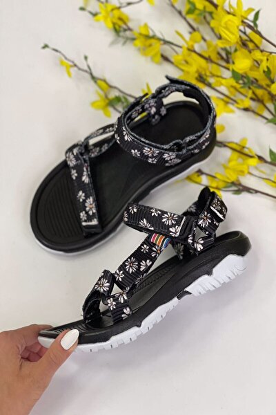 Kadın Siyah Çiçek Desenli Step  Cırtlı Trekking Sandalet