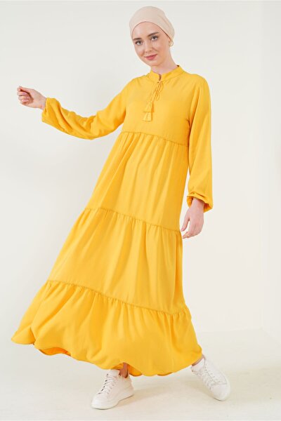 Kadın Sarı Yaka Bağcıklı Tesettür Elbise 1627