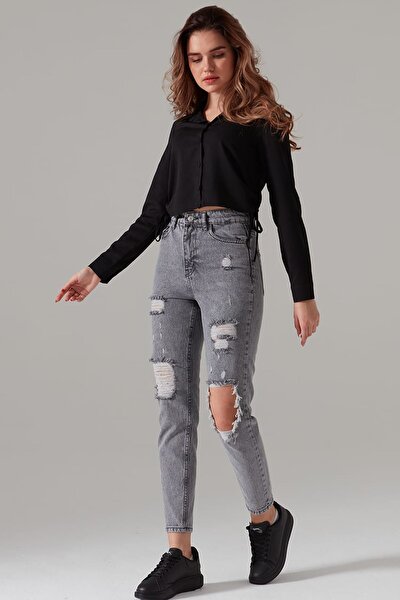 Kadın Gri Kar Yıkama Yüksek Bel Pantolon Yırtık Mom Jeans