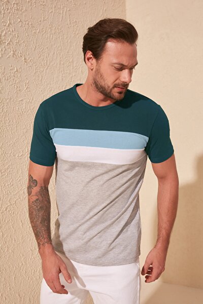Zümrüt Yeşili Erkek Çizgili Slim Fit T-Shirt TMNSS20TS0166