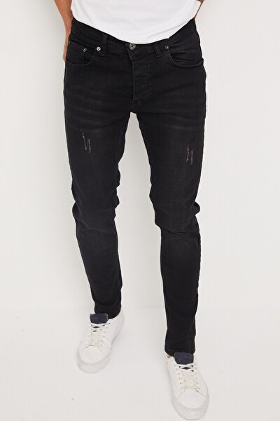Erkek Jeans Skinny Fit Likralı Tırnaklı Siyah