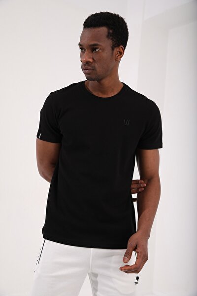 Siyah Erkek Petek Dokulu Çift Ok Logolu Standart Kalıp O Yaka T-shirt - 87921