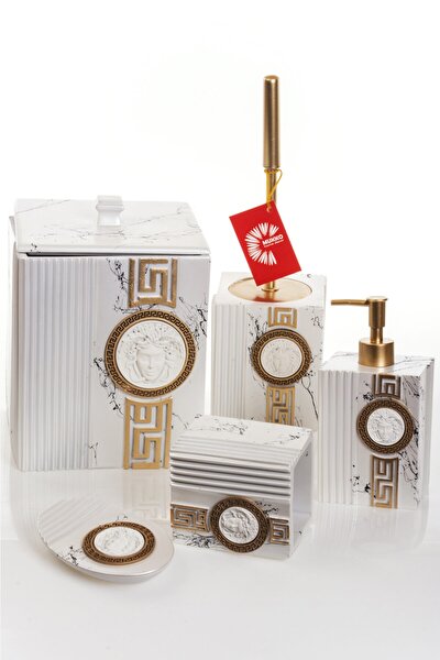 Versace Dekorlu Beyaz & Gold Polyester 5 Prç Banyo Seti