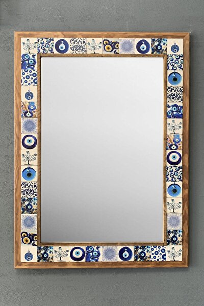 Masif Çerçeveli Mozaik Taş Ayna 53 Cm X 73 Cm Nazar Boncuklu Mavi Büyük Ayna