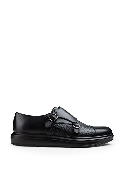 Hakiki Deri Siyah Çift Tokalı Comfort Günlük Erkek Ayakkabı