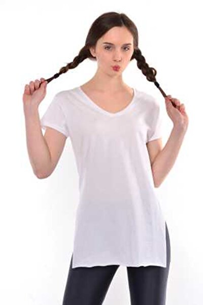 Kadın Beyaz V Yaka Yırtmaclı Tuning T-shirt