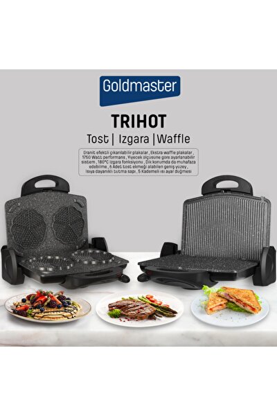 Trihot 3in1 Granit Çıkarılabilir Plaka Waffle ,ızgara, Siyah Tost Makinesi 6 Dilim