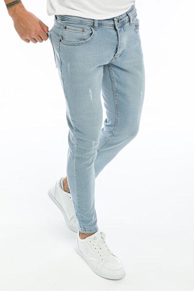 Erkek Jeans Skinny Fit Likralı Açık Buz Mavi Tırnaklı
