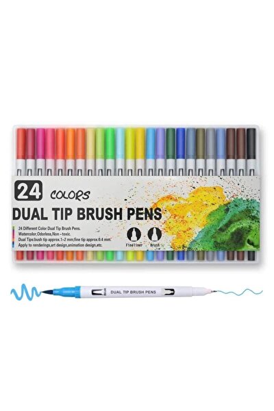 Brushpen Ve Fineliner 24 Renk Set Çift Taraflı Fırça Ve Yazı Ucu