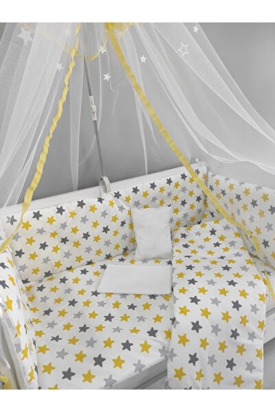 Sarı Yıldızlı Bebek Beşik Uyku Seti 60x120 9 Parça Cibinlik Ve Aparat Hediye