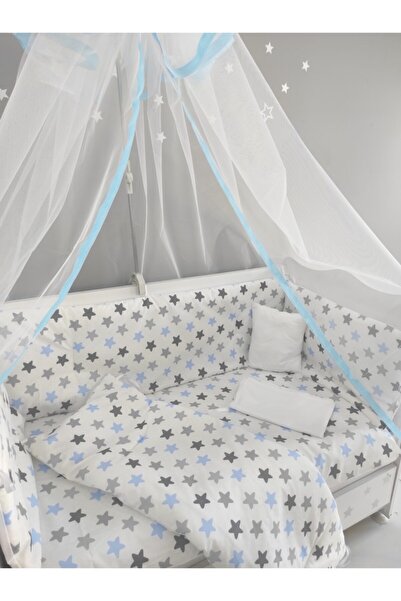 Mavi Yıldızlı Bebek Beşik Uyku Seti 60x120 Pamuk 9 Parça Cibinlik Ve Aparat Hediye