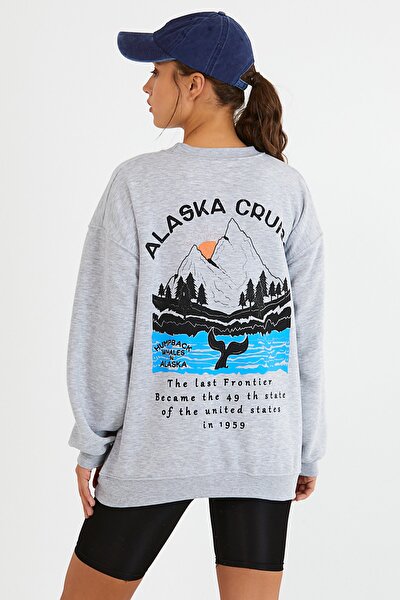 Alaska Gri Ön Arka Baskılı Oversize Kadın Sweatshirt