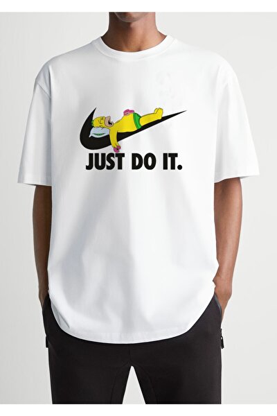 Oversize Beyaz Just Do It Simpsons Logo Baskılı T-shirt