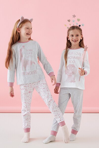 Çok Renkli Kız Çocuk Princess Dino 4lü Pijama Takımı