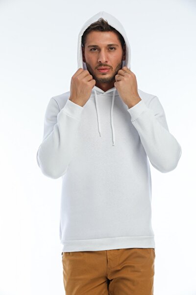 Beyaz, Kapüşonlu Basic Geniş Kesim Erkek Içi Polarlı Sweatshirt