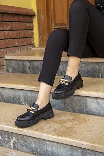 Zincirli Siyah Cilt Kalın Taban Loafer Ayakkabı