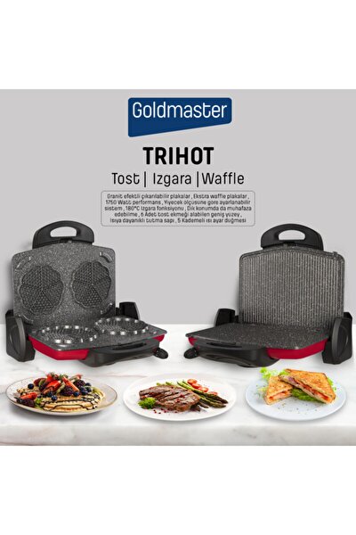 Trihot 3in1 Granit Çıkarılabilir Plaka Waffle ,ızgara, Kırmızı Tost Makinesi 6 Dilim