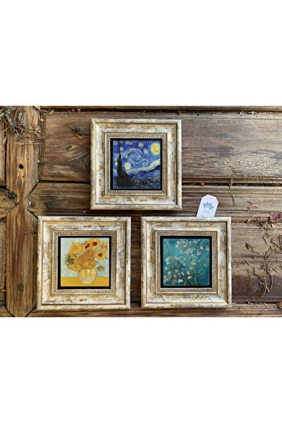 Çerçeveli Taş Duvar Dekoru Tablo 3'lü Set 20x20cm Vincent Van Gogh Sunflowers