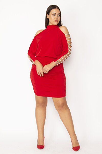 Plus Size Evening Dress - Red - Off-shoulder