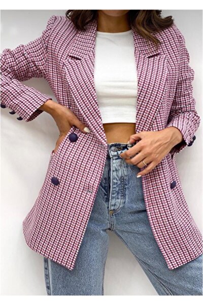Kadın Pembe Kazayağı Desen Düğme Detaylı Astarlı Blazer Ceket