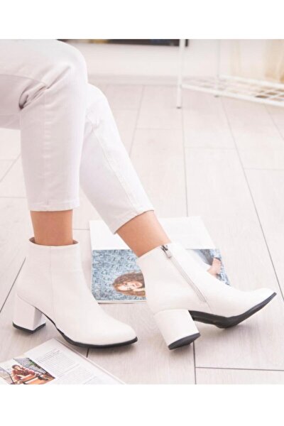 Kadın Topuklu Düz Beyaz Bot Ayakkabı
