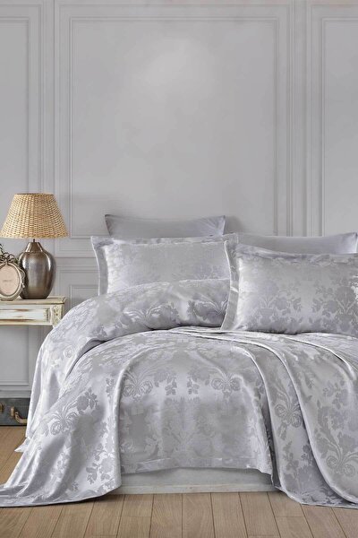 Yatak Örtüsü Takımı Çift Kişilik Şönil Kumaş Vintage Gümüş
