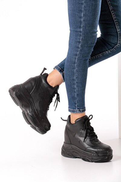 Visby 10 cm Gizli Dolgu Topuk Siyah Spor Ayakkabı