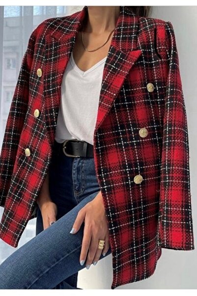 Kadın Kırmızı Ekose Desen Tuvit Kumaş Gold Düğme Detay Astarlı Kruvaze Blazer Ceket