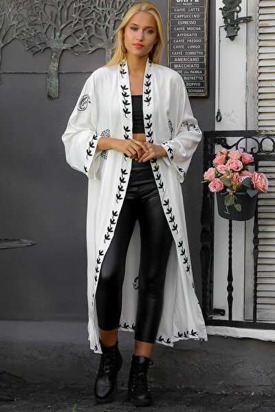 Kadın Beyaz Mandala Nakışlı Yanları Yırtmaçlı Kuşaklı Dokuma Uzun Kimono M10210400KM99862