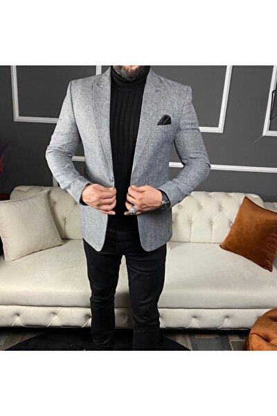 Erkek Gri Italyan Stil  Slim Fit Blazer Tek Ceket