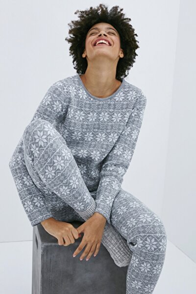 Koyu Gri Snowy Knitted Pijama Takımı