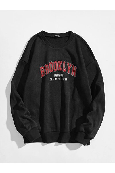 Unisex Oversize Siyah Brooklyn Ny Baskılı Üç Iplik Sweatshirt