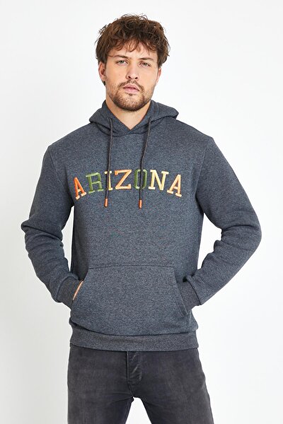 Erkek Arizona Nakışlı Kapüşonlu 3 Iplik Sweatshirt Antrasit