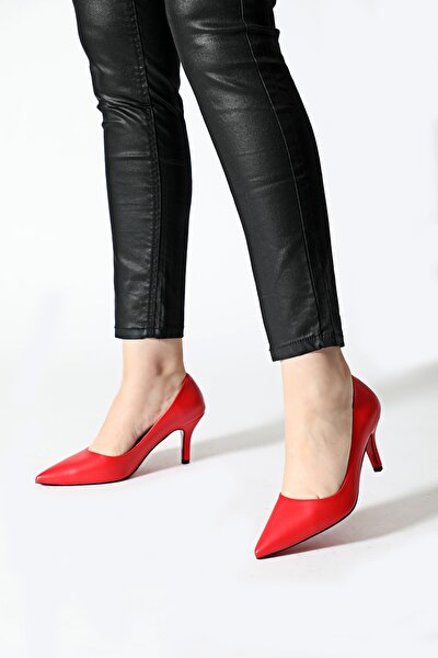 Kadın Kırmızı  Aynalı Ökçe Sivri Klasik Topuklu Ayakkabı
