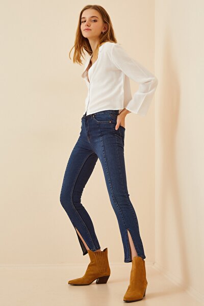 Kadın Koyu Mavi Yırtmaçlı Yüksek Bel Skinny Jeans OK00003