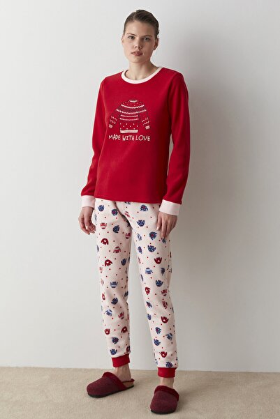 Çok Renkli With Love Polar Pijama Takımı
