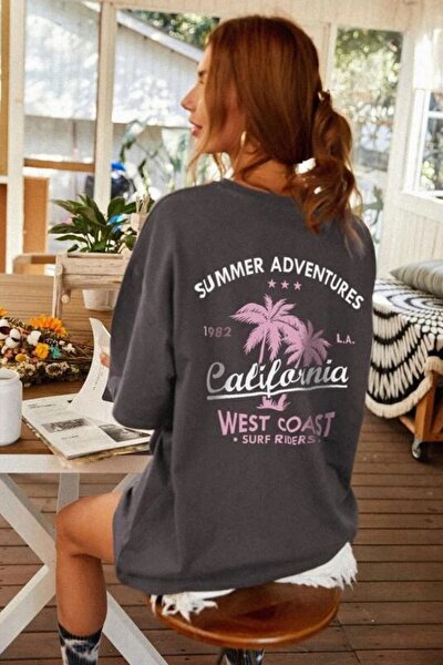 Kadın Antrasit Oversize California Baskılı T-shirt