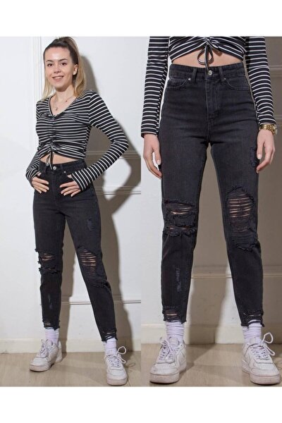 Kadın Siyah Mom Jeans Yüksek Bel Yırtık Kot Pantolon