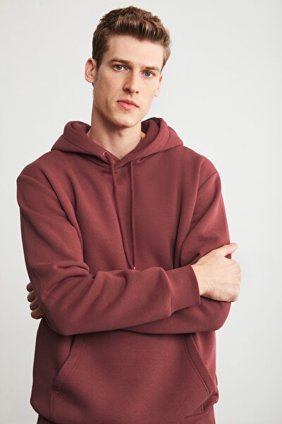 Jorge Erkek Kiremit Düz Renk Kapüşonlu Comfort Sweatshirt
