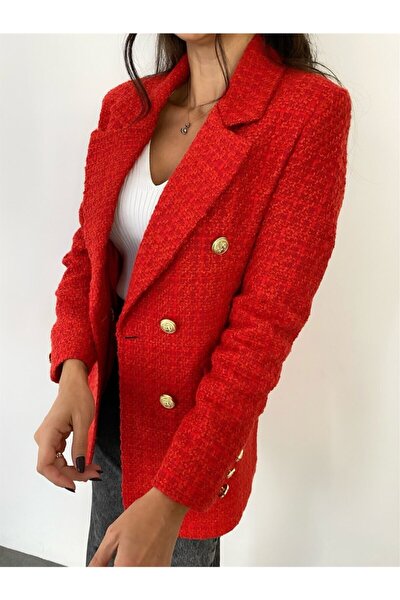 Kadın Kırmızı Tuvit Kumaş Gold Düğme Detay Astarlı Kruvaze Blazer Ceket