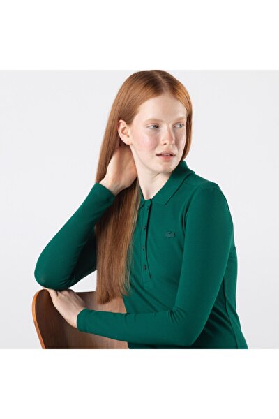 Kadın Slim Fit Uzun Kollu Yeşil Polo