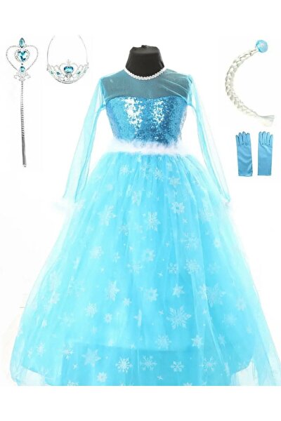 Kız  Çocuk Mavi Uzun Kol Tarlatanlı   Elsa Elbise