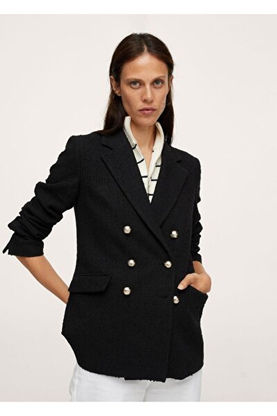 Kadın Siyah Düğmeli Tüvit Blazer Ceket