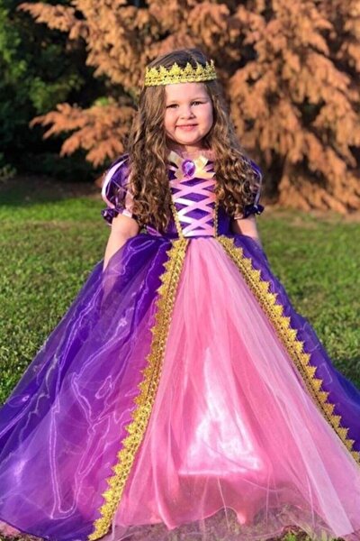 Kız Çocuk Elbise Taçlı Rapunzel Kostümü - Pelerinli Taclı Tarlatanlı Rapunzel Kostüm